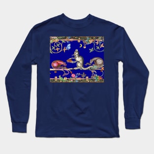 WEIRD MEDIEVAL BESTIARY THREE HUNTER CATS AND MOUSE IN BLUE NIGHT Long Sleeve T-Shirt